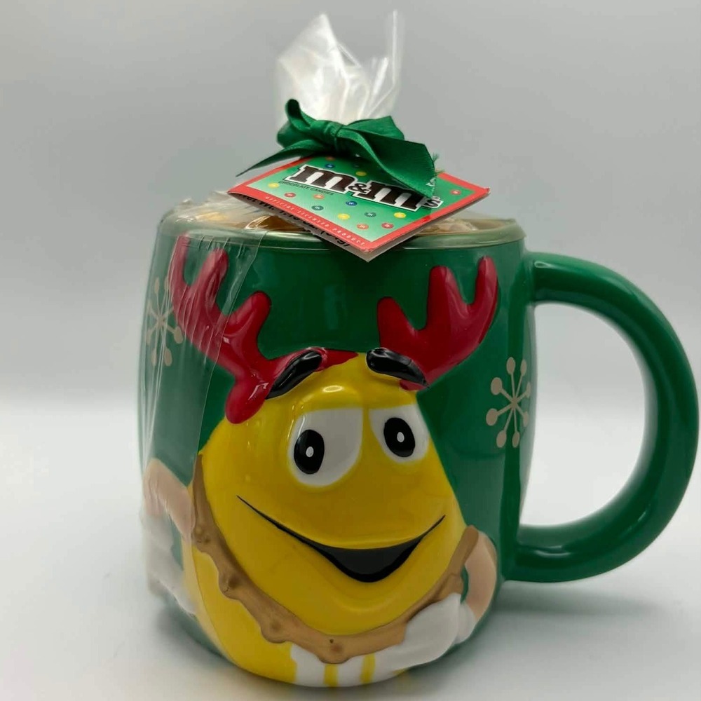 M&M's Christmas Coffee‎ Mug Green Reindeer Yellow M&M 3D Holiday Galerie New